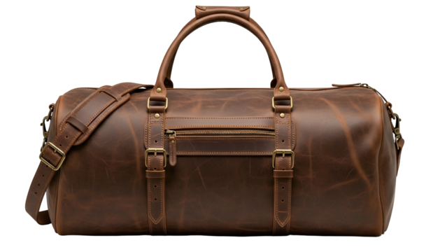 Rustic brown leather duffel bag displays strong brass hardware against a solid dark background