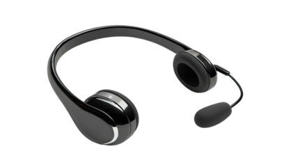 Glossy black headphones angled, sleek design, floating on black background