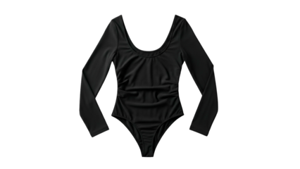 Single long sleeve black bodysuit displayed against a solid dark background