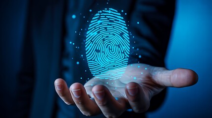 Glowing digital fingerprint icon above hand representing biometric security

