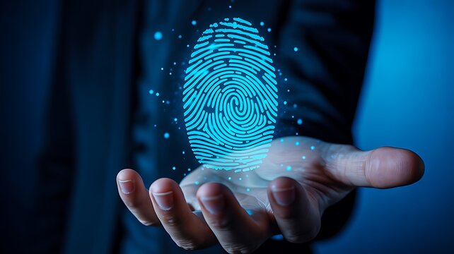 Glowing digital fingerprint icon above hand representing biometric security
