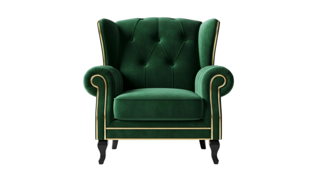 Ornate emerald green velvet wingback armchair features elegant gold trim against a black background
