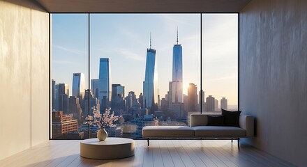 Modern apartment overlooking the stunning New York City skyline at sunset. Perfect for upscale real estate, luxurious lifestyle, and contemporary design promotions.
