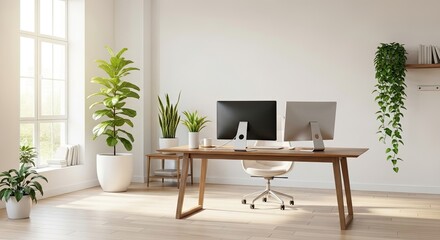 Work from home in style with this bright, modern office setup featuring natural light, wooden desk, dual monitors, and lush green plants for a fresh, productive vibe