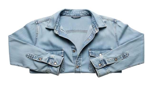 Light wash blue denim long sleeve button up garment laid flat against a dark background