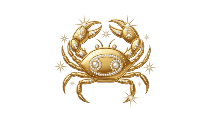 Ornate golden representation of an astrological sign adorned with sparkling jewels against a dark background