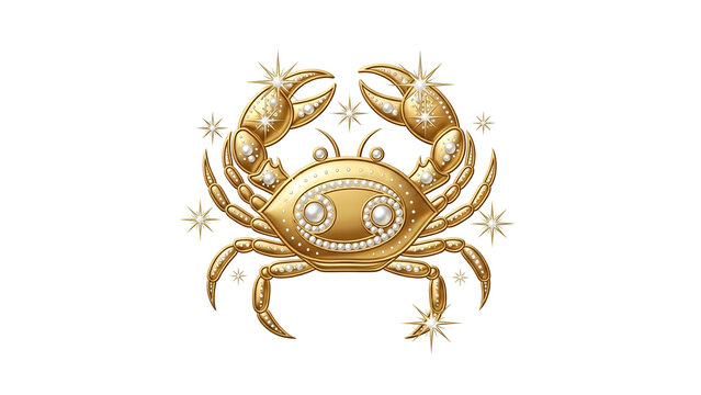 Ornate golden representation of an astrological sign adorned with sparkling jewels against a dark background