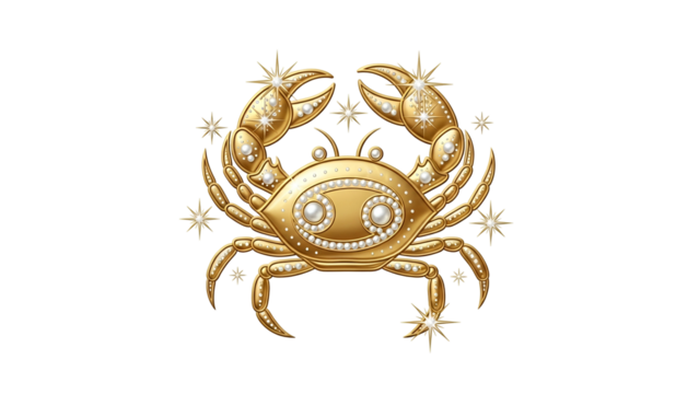 Ornate golden representation of an astrological sign adorned with sparkling jewels against a dark background