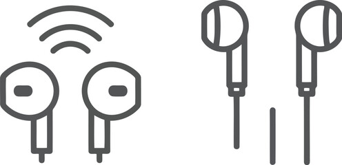 Wireless earbuds and wired earphones set outline icons modern tech audio devices vector