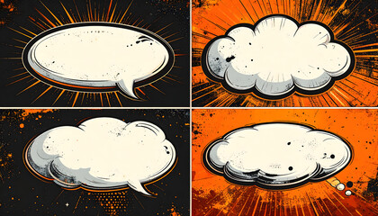 Retro pop art communication bubbles with empty space for text, illustrated in a classic comic style with a distressed sunburst background