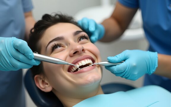 patient receiving dental care with tools in dental clinic, showcasing close up of healthy teeth and bright smile. dental professional is focused on providing thorough checkup. High quality