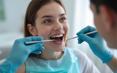 Oral care gum preventive health Dental professional examines patient’s teeth with tools. High quality