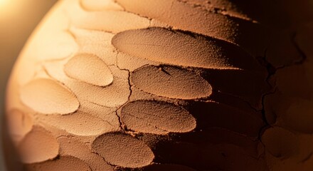 Closeup of a textured, round ceramic object with a repeating pattern and warm lighting