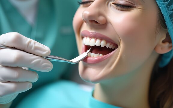 patient receiving dental care with tools in dental clinic, showcasing close up of healthy teeth and bright smile. dental professional is focused on providing thorough checkup. High quality