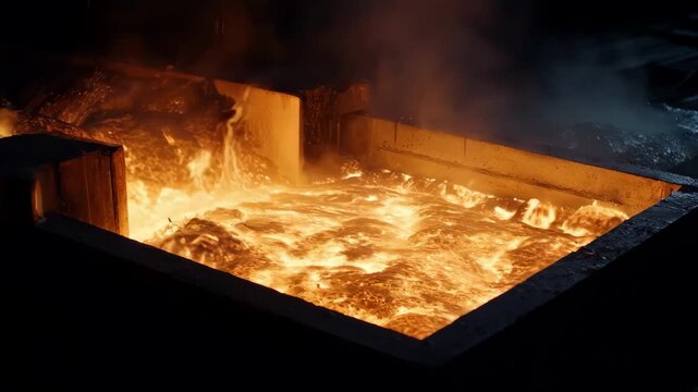 Medium shot of hightemperature electrolytic cell glowing with intense heat as alumina is converted into molten aluminum in industrial smelting process.