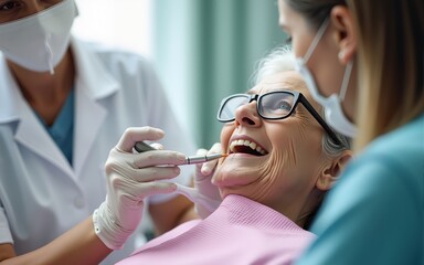 Elderly woman receiving a dental checkup as part of a public health program, elderly dental care, preventive oral health. High quality