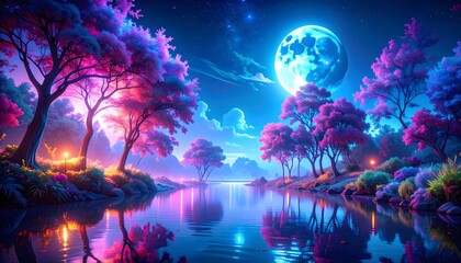 Fototapeta premium Enchanting mystical forest landscape with vibrant pink and purple trees reflecting in a calm lake under a large full moon and starry night sky