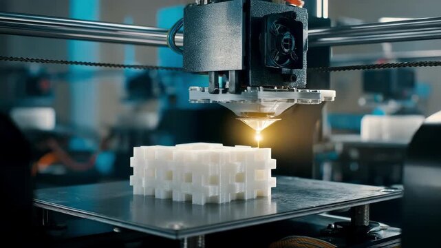 Medium shot of a 3D printer crafting a detailed plastic packaging prototype highlighting the precision and texture of the model in a futuristic workspace.