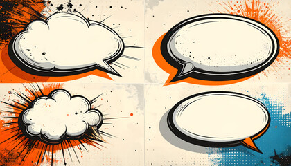 Dynamic comic book style empty speech bubbles set with grunge textures and vibrant orange accents, ideal for dialogue, thought bubbles, and creative communication design projects