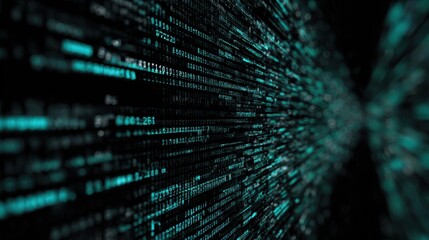 A digital abstract image displaying streams of binary code in a dark background, symbolizing technology and data flow.
