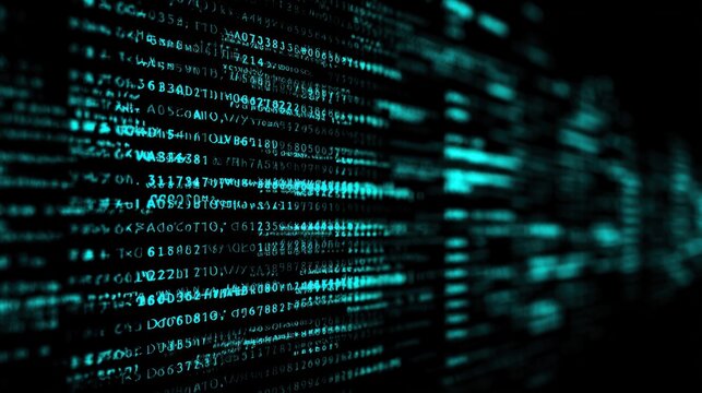 A digital abstract representation featuring glowing teal binary code against a dark background, evoking technology and data themes.