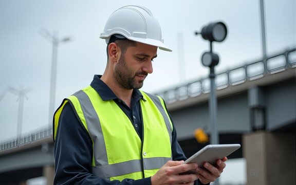 Civil engineer conducting a structural health monitoring assessment, sensors and data collection devices on a bridge, showcasing preventive maintenance. High quality