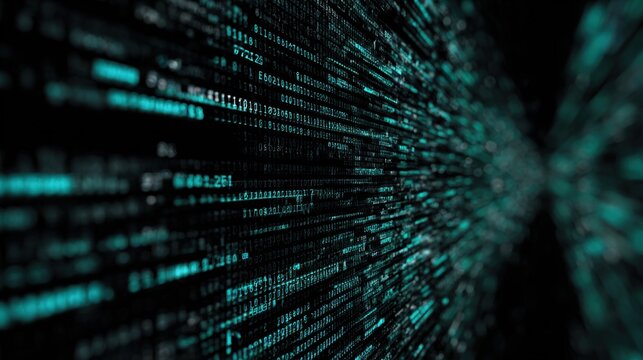 A digital abstract image displaying streams of binary code in a dark background, symbolizing technology and data flow. - Powered by Adobe