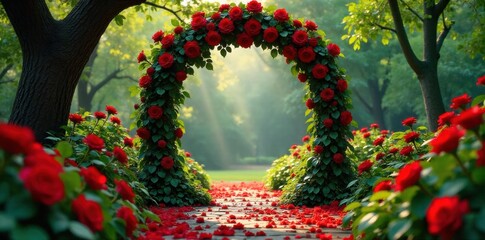 Enchanted Garden Wedding Altar with Blooming Flowers and Lush Greenery An enchanted garden wedding altar, overflowing with vibrant roses, peonies, and trailing ivy. Soft golden sunlight filters