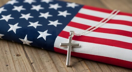 American patriotism and faith concept with christian cross necklace on usa flag for memorial day decoration or national celebration design