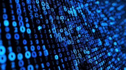 A vibrant display of blue binary code on a dark background, symbolizing digital data and technology.