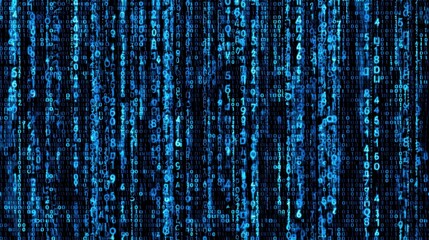 A digital display of cascading blue binary code, representing data and technology in a visually striking format.