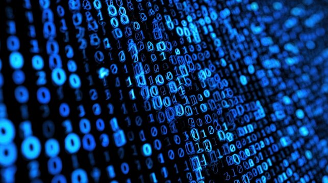A vibrant display of blue binary code on a dark background, symbolizing digital data and technology.