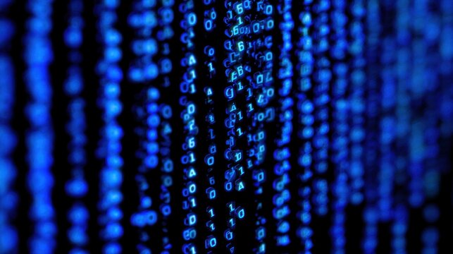 A close-up view of cascading blue binary code, representing digital data, technology, and the essence of computer programming.