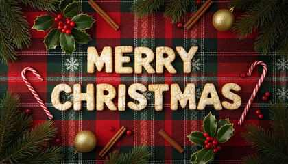 Merry Christmas Cookies Letters on Red Plaid Fabric with Candy Cane and Holly