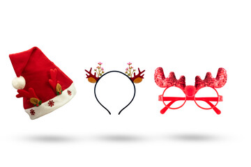Festive Christmas Headwear Collection: Santa Hat, Reindeer Antlers Headband, and Sequin Glasses