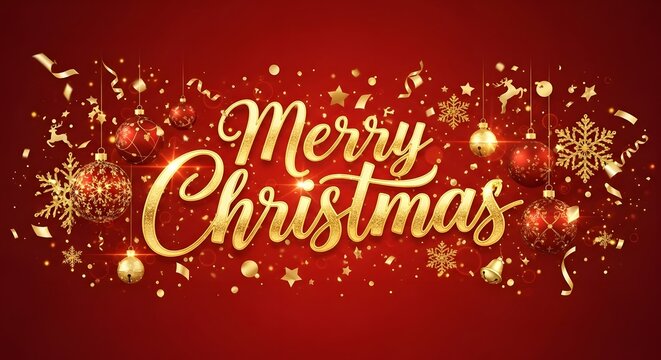 Merry christmas celebration design with golden text and red baubles for festive greeting card and holiday decoration