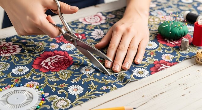 Floral fabric cutting for sewing craft projects with scissors and sewing tools on patterned textile design