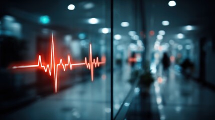 A blurred background of a hospital corridor with a prominent red heart rate line displayed on the glass.