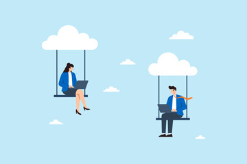 Flat illustration of business people working remotely on laptops while sitting on cloud swings symbolizing cloud computing remote work flexibility digital innovation and online collaboration