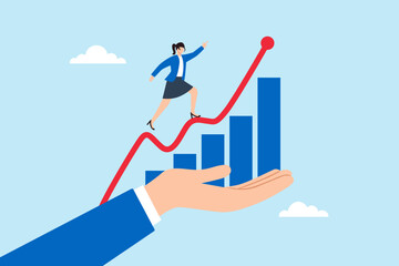 Flat illustration of businesswoman standing on giant helping hand while reaching top of rising graph symbolizing success opportunity leadership support motivation and career growth achievement