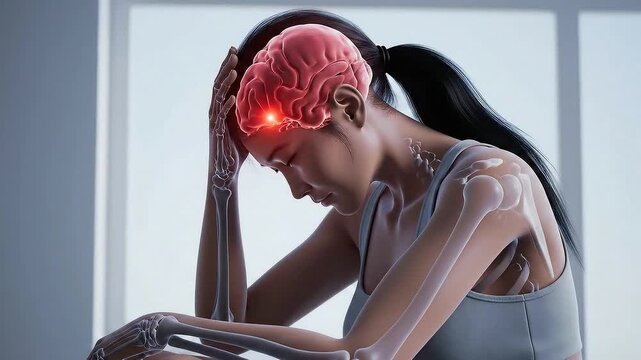 Woman Experiencing Headache, Showing Brain Anatomy, Medical Illustration, Pain Concept, Cinematic Lighting, Clinical Study