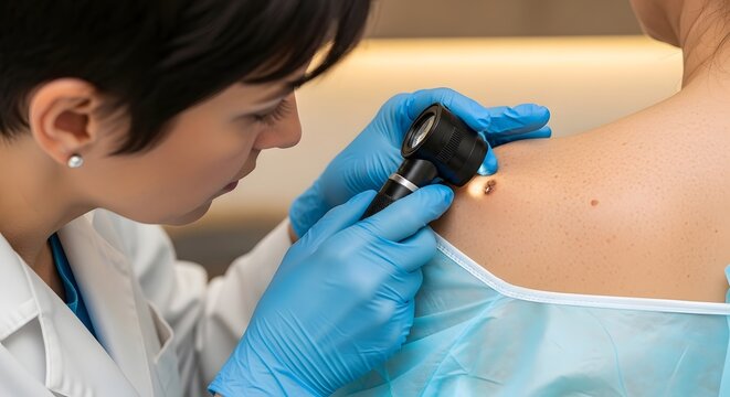 Dermatologist performing skin examination with dermatoscope for early melanoma detection and skin cancer prevention