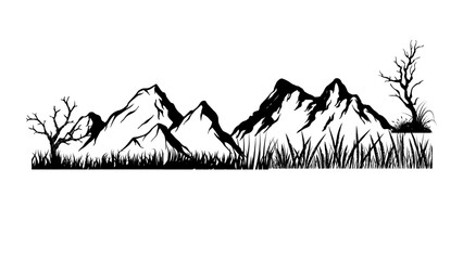 Vector illustration of a natural landscape with trees, grass and mountains.