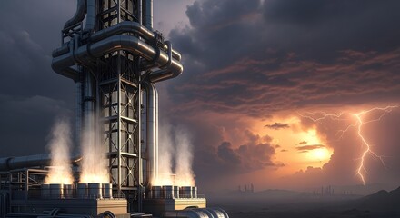 Futuristic industrial scene with dramatic lightning storm over desert landscape