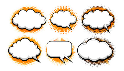 A dynamic collection of empty comic book speech bubbles with vibrant orange and black halftone dot shadows for expressing thoughts and dialogue