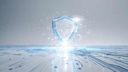 A futuristic digital shield symbolizing cybersecurity, surrounded by a network of glowing circuits on a sleek background.