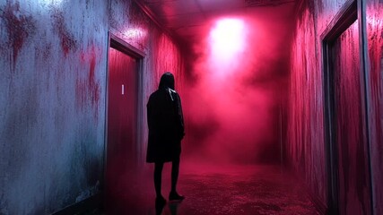 Mysterious figure in foggy corridor with eerie lighting