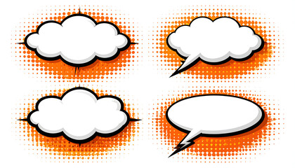 Comic Speech Bubbles Set on Orange Halftone Background for Graphic Design and Creative Projects