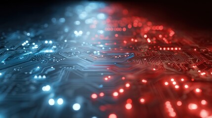 A close-up view of a digital circuit board illuminated by blue and red lights, showcasing intricate patterns and connections.