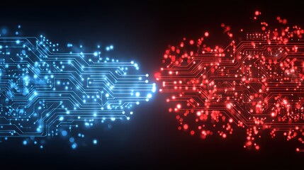A vibrant digital design featuring blue and red circuit patterns, representing technology and innovation against a dark background.
